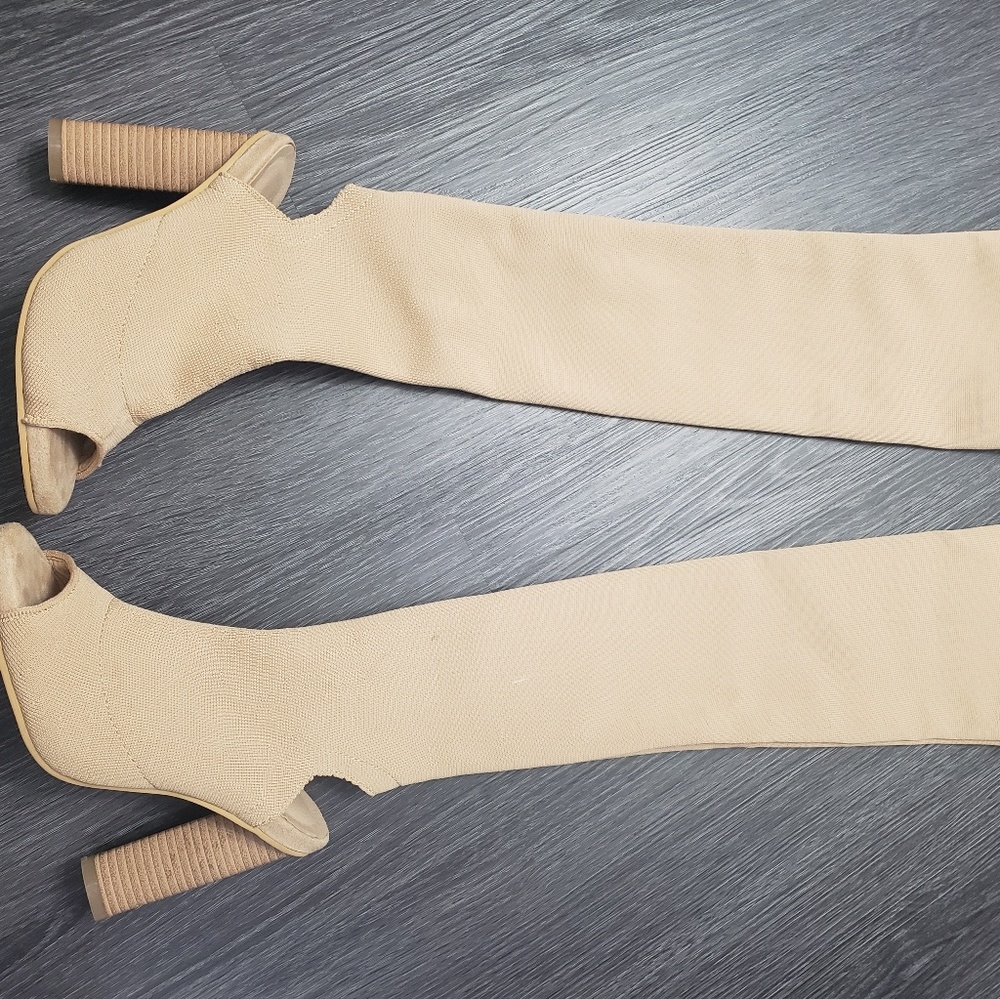 Beige open toe thigh high sock boots